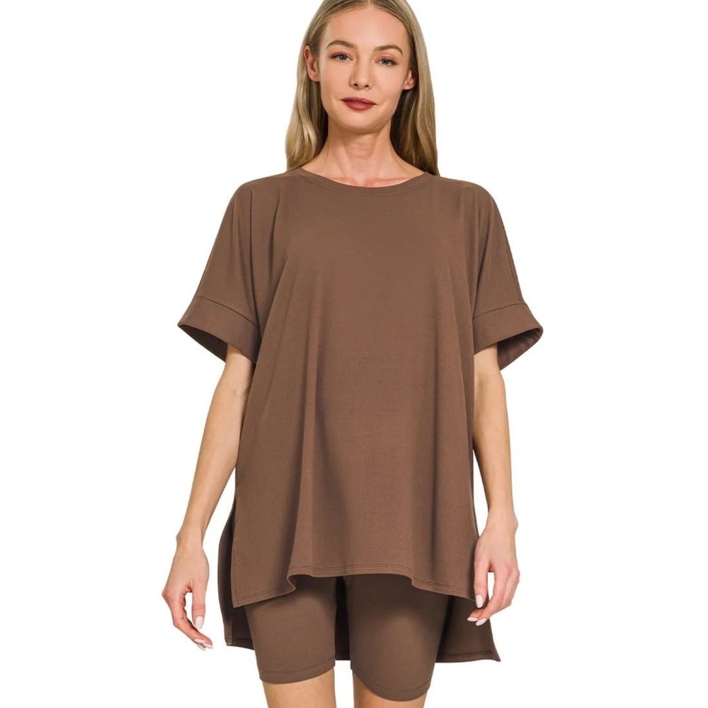 Zenana Brushed Microfiber Round Neck Top and Biker Shorts Set in Brown 3x